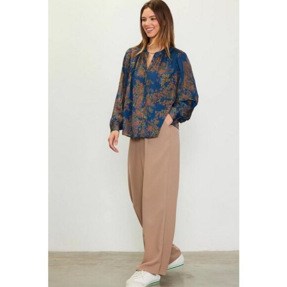 💕SKIES ARE BLUE💕Long-Sleeve Button-Down Blouse ~ Teal Mustard Print  NWT - Picture 3 of 14